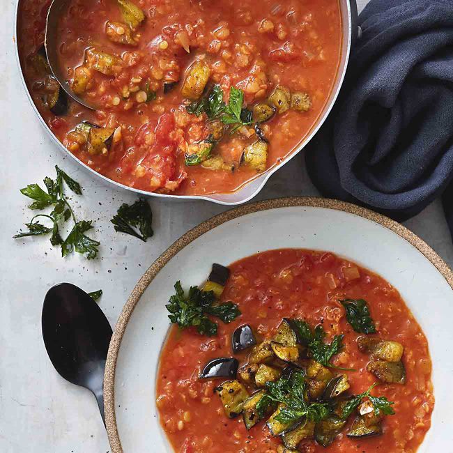 Tomato & Lentil Soup With Spiced Eggplant