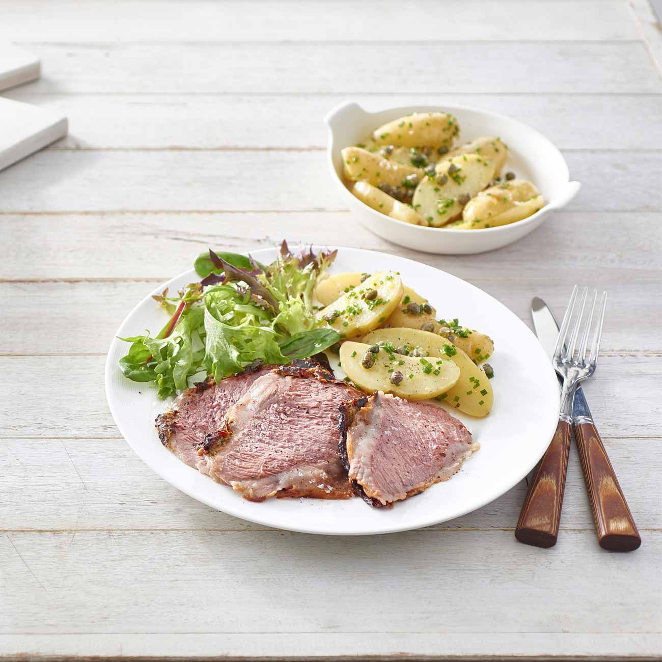 Dijon Mustard And Oregano Lamb Leg With Potato And Caper Salad Recipe