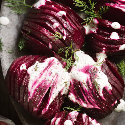 Hasselback Beets With Yoghurt & Dill Sauce