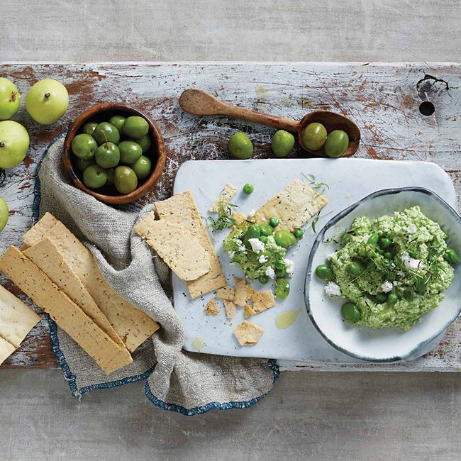 Kurrajong Kitchen Lavosh Bites With Broad Bean, Pea And Feta Dip