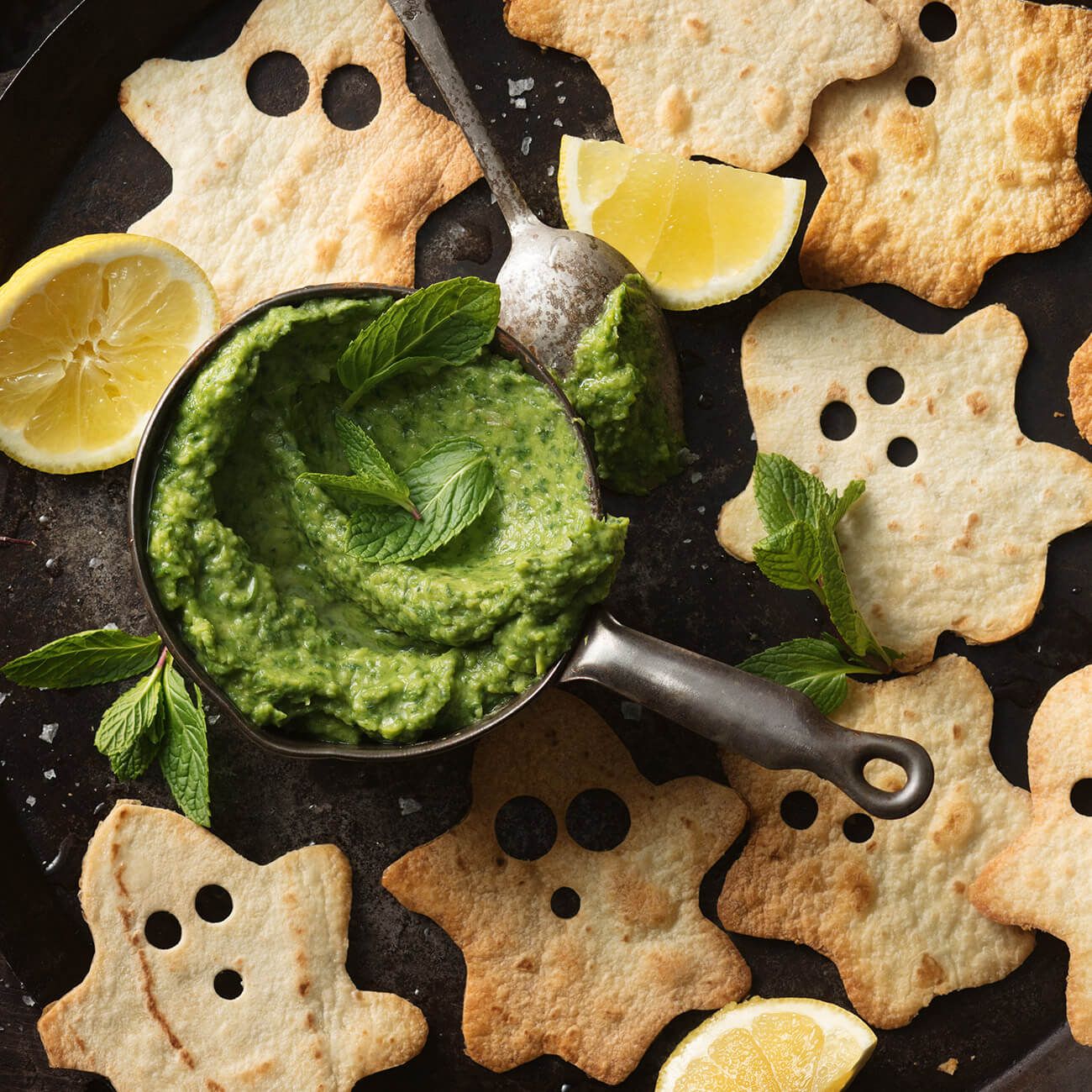 Green glug dip with ghost chips