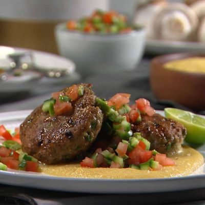 Mushroom And Beef Rissoles With Cheesy Polenta & Tomato Salsa