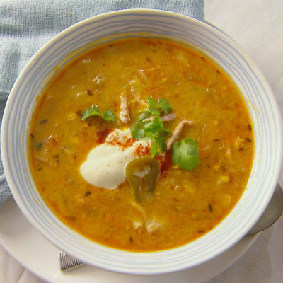 Smokey Corn And Chicken Soup With Coriander And Sour Cream