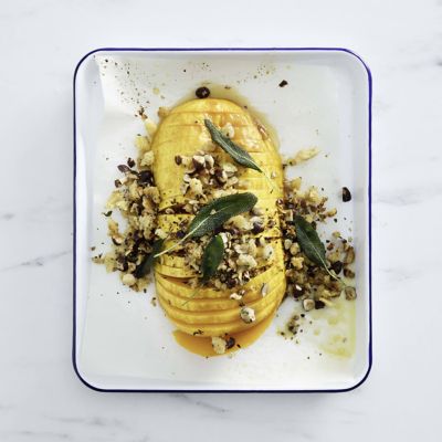 Maple-Glazed Hasselback Pumpkin With Sage And Hazelnut Crumb