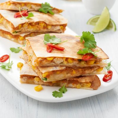 BBQ Chicken, Refried Bean and Corn Quesadillas