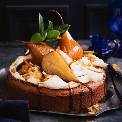 Gingerbread Cake With Poached Pears & Rum Cream