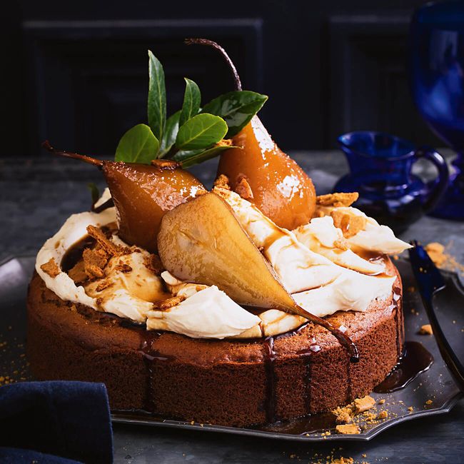 Gingerbread Cake With Poached Pears & Rum Cream