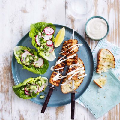 Salmon Skewers And Little Gem Salad