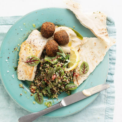 Tri Colour Quinoa Tabbouleh With Fish & Falafels