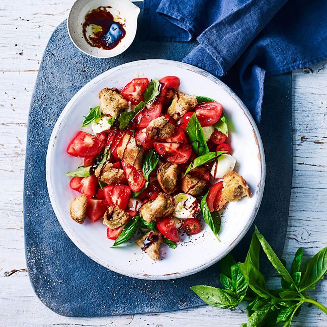 Caprese Salad with Hot Cross Bun Croutons