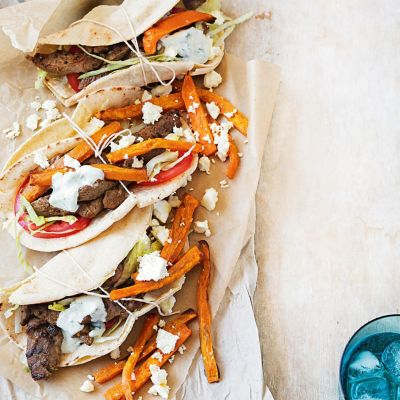 Greek Lemony Lamb Pitas with Sweet Potato Chips