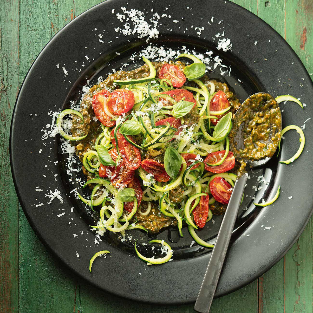 Pesto Zoodles & Tomato Salad - Chef Cindy