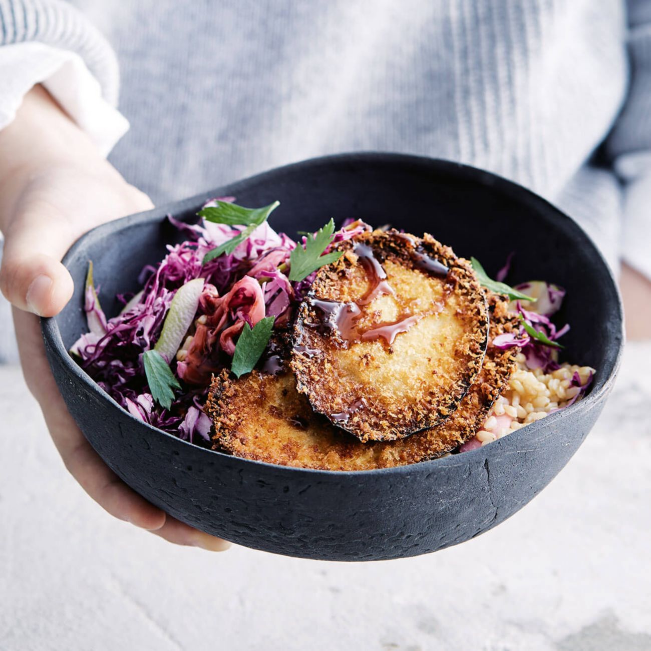 Eggplant Katsu With Shaved Pear Slaw