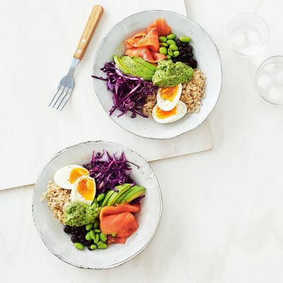 Nourish Bowl With Edamame, Salmon & Perfect Pesto