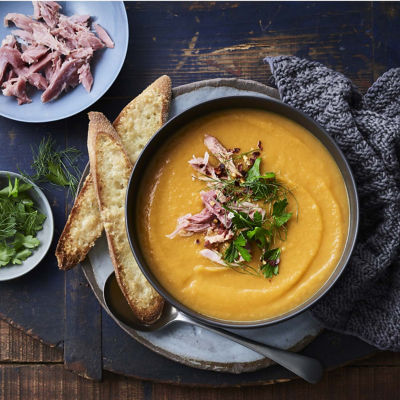 Sweet Potato, Fennel & Ham Soup with Garlic & Parmesan Dippers