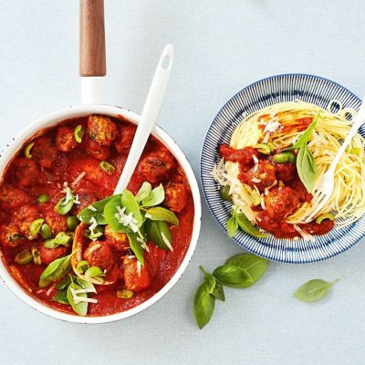 Turkey, Basil & Parmesan Meatballs With Spaghetti