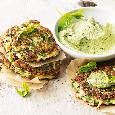 Cauliflower, Broccoli & Kale Fritters With Green Goddess Hummus
