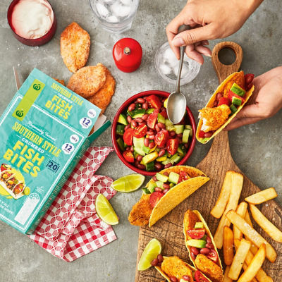 Tacos with Southern Style Crumbed Fish Bites & Mexican Bean Salad