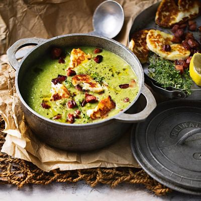 Zucchini & Chorizo Soup With Haloumi