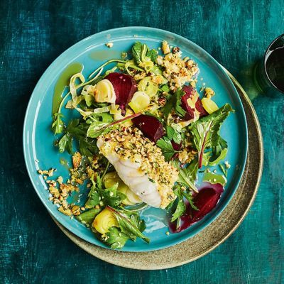 Baked Fish With Warm Leek, Beetroot & Herb Salad