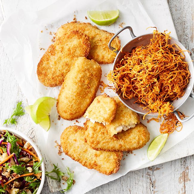 Crumbed Fish With Thai Style Salad & Crispy Sweet Potato