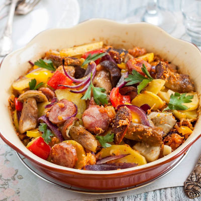 Perfectly Balanced Beef, Carrot & Lentil Sausage Tray Bake