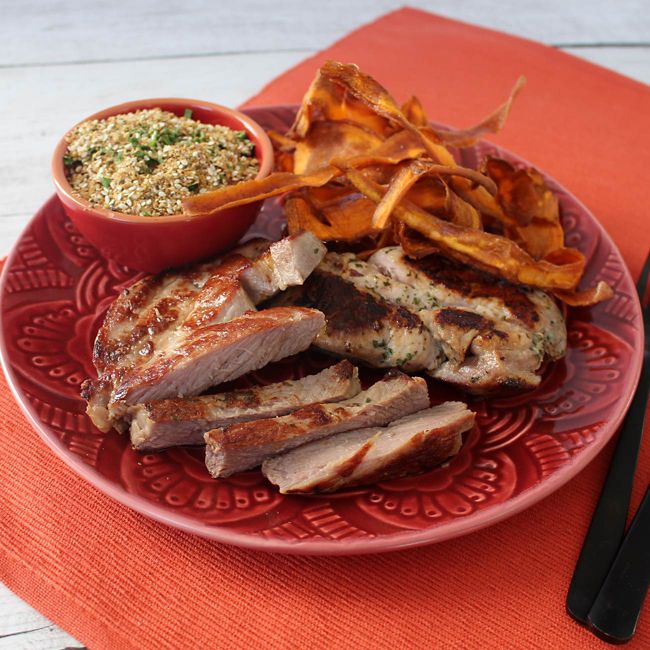 Three Aussie Farmers Pork Mignon with Sweet Potato Crisps & Dukkah Labneh