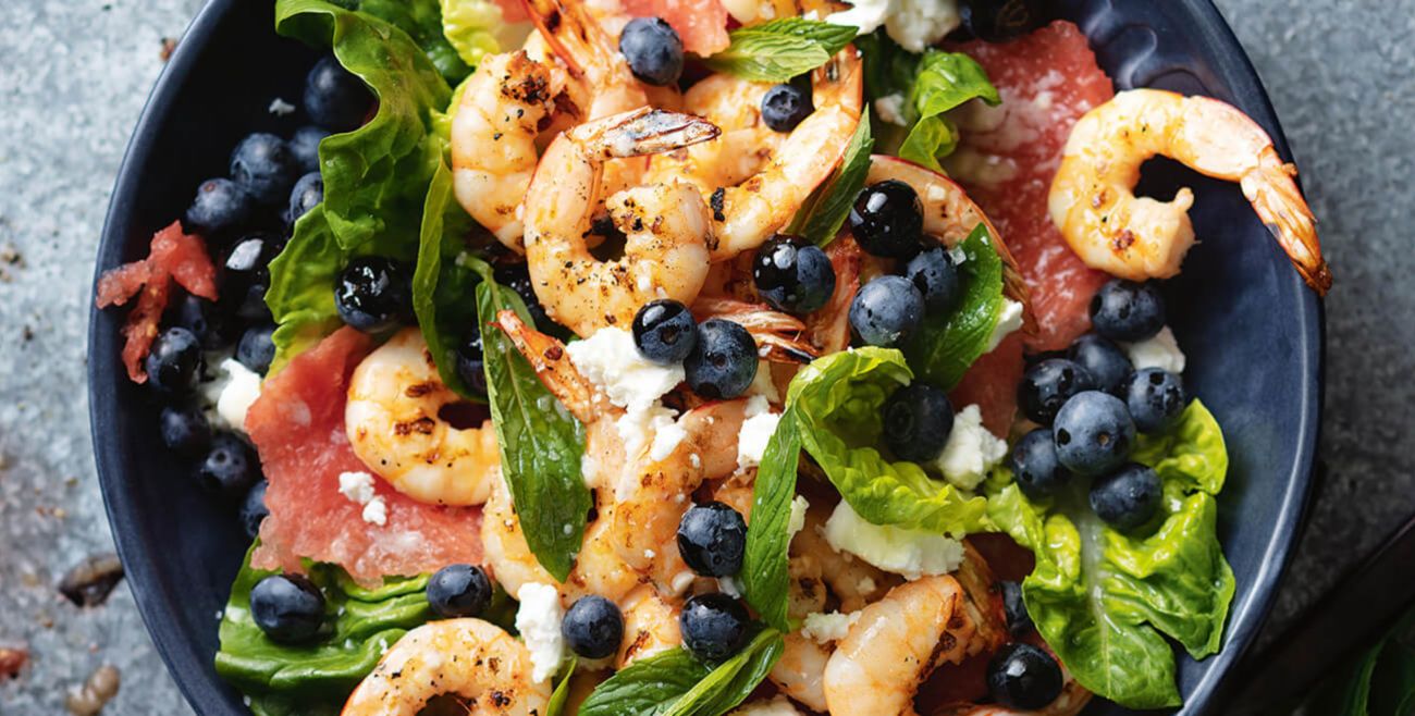 Prawn, berry, melon and feta salad