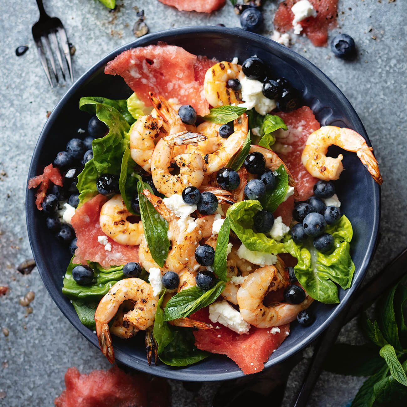 Prawn, berry, melon and feta salad
