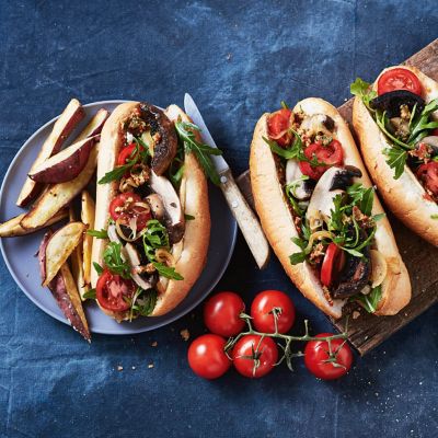 Mushroom Rolls With Capsicum & Feta Pesto