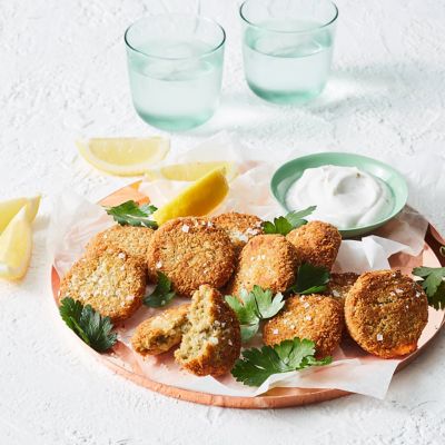 Eggplant And Chickpea Bites With Chili Coconut Yoghurt Dip