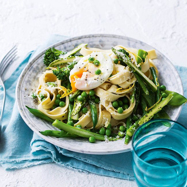 Fettucine Primavera With Poached Egg