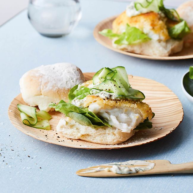 Fish Burgers With Pickled Cucumber & Jalapeño Mayo