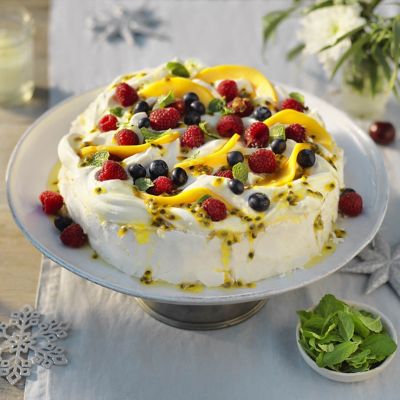Pavlova With Summer Fruit & Passionfruit Syrup
