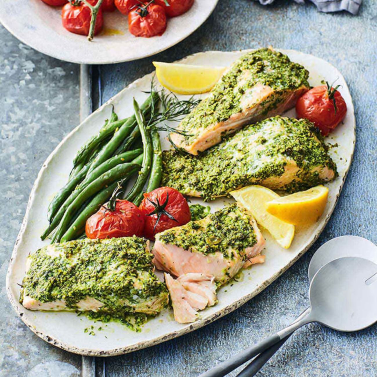 Baked Salmon With Almond & Olive Pesto