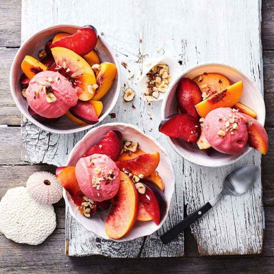 Boozy Stone Fruit Salad With Hazelnut Praline