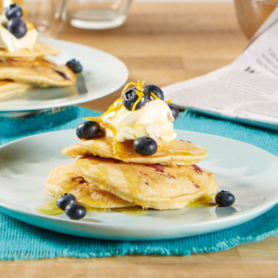 Coconut & Blueberry Pancakes With Creme Fraiche & Orange Syrup