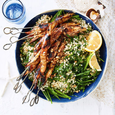 Grilled Banana Prawns With Honey And Pearl Couscous Salad