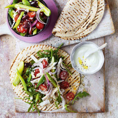 Barbecued Chicken Wraps With Garlic Yoghurt & Greek Salad