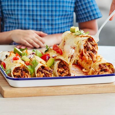 Cheesy Chicken & Bean Baked Burritos