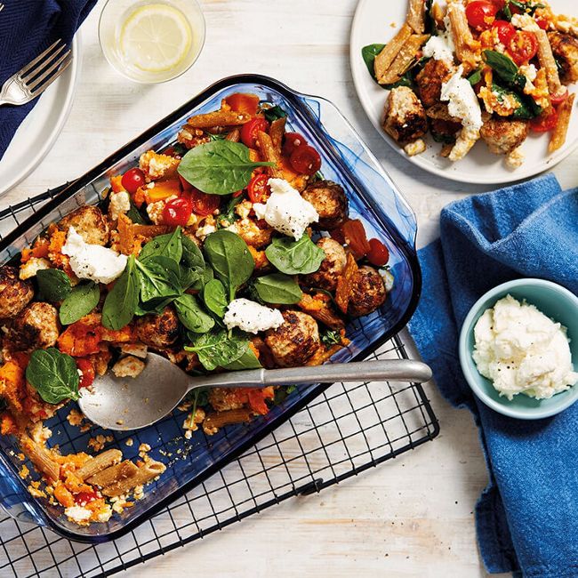 Chicken Meatball, Sweet Potato & Penne Bake
