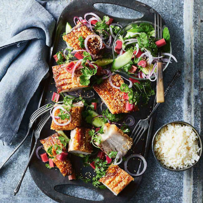 Rhubarb-Baked Pork Belly With Asian Salad