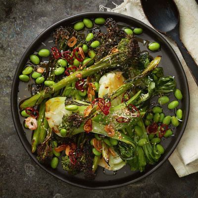 Baked Asian Greens With Soy & Coconut Sprinkle