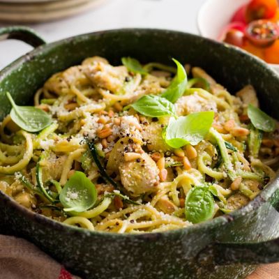 Creamy Pesto Chicken Spaghetti And Zuchetti