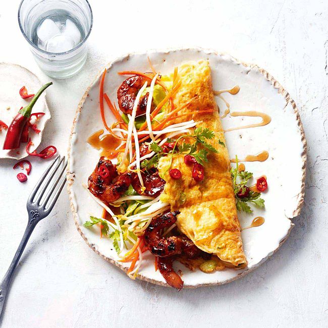 Noodle Omelettes With Honey Prawns