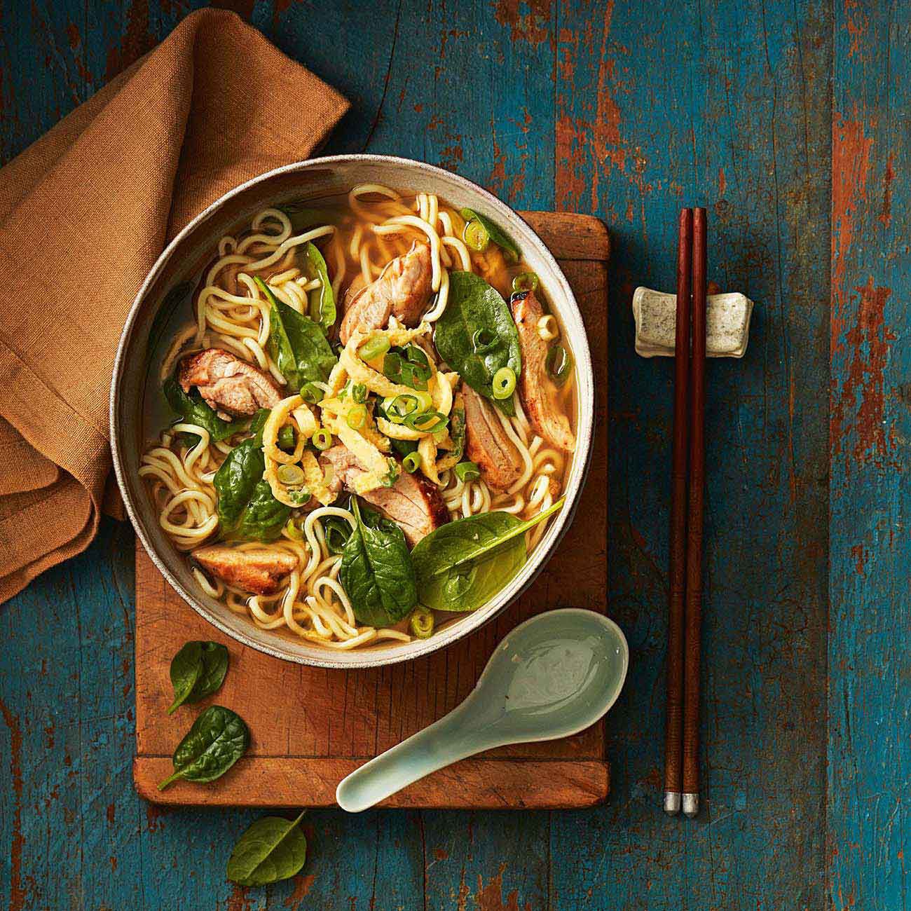 Chicken ramen noodle soup with omelette