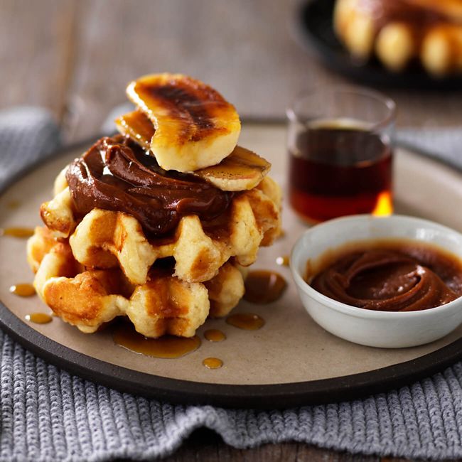 Waffles With Brulee Banana, Peanut Butter And Maple Syrup