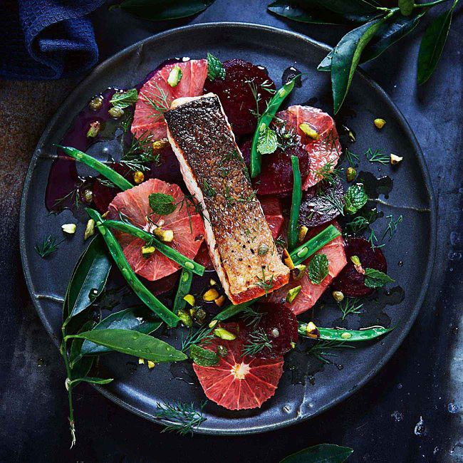 Crisp Salmon With Beets, Grapefruit & Beans