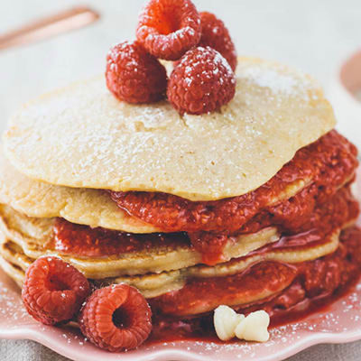 White Chocolate Pancakes with Raspberry Coulis