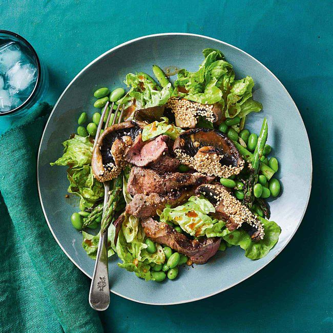 Chargrilled Beef, Mushroom & Asparagus Salad With Miso Dressing